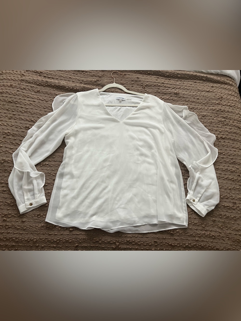 Calvin Klein White V-Neck Semi-Sheer Blouse